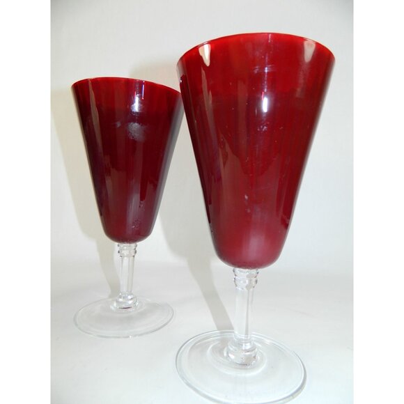 Pier 1 Ruby Red Pleated Wine Glass Wafer Stem 8" Optic Pleats Set Of 2 - Picture 4 of 12